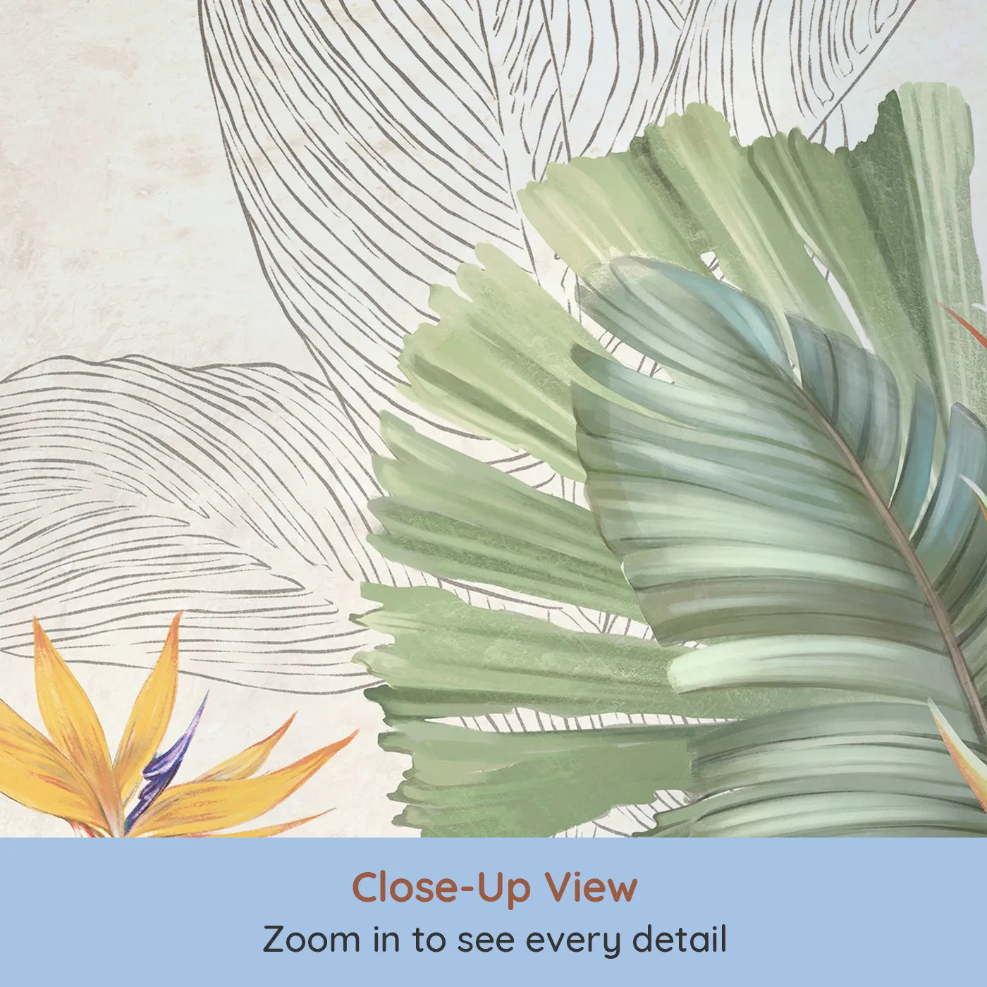 Close-up view of Whimsy Tots' Tropical Toucan Garden Wall Mural (Turn Their Room into a Lush and Vibrant Jungle).Gender-Neutral
