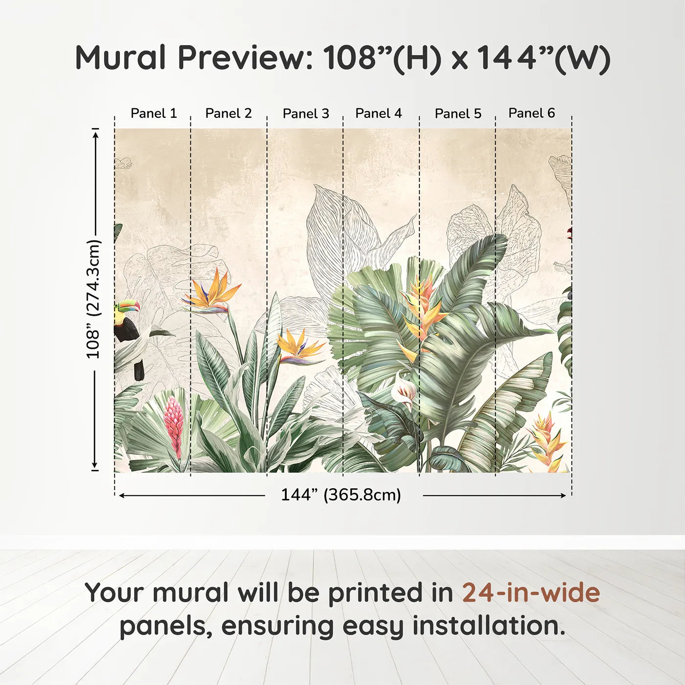 Whimsy Tots Tropical Toucan Garden Wall Muraldimension view (108" H x 144" W). Printed in six 24-inch-wide panels. Gender-Neutral
