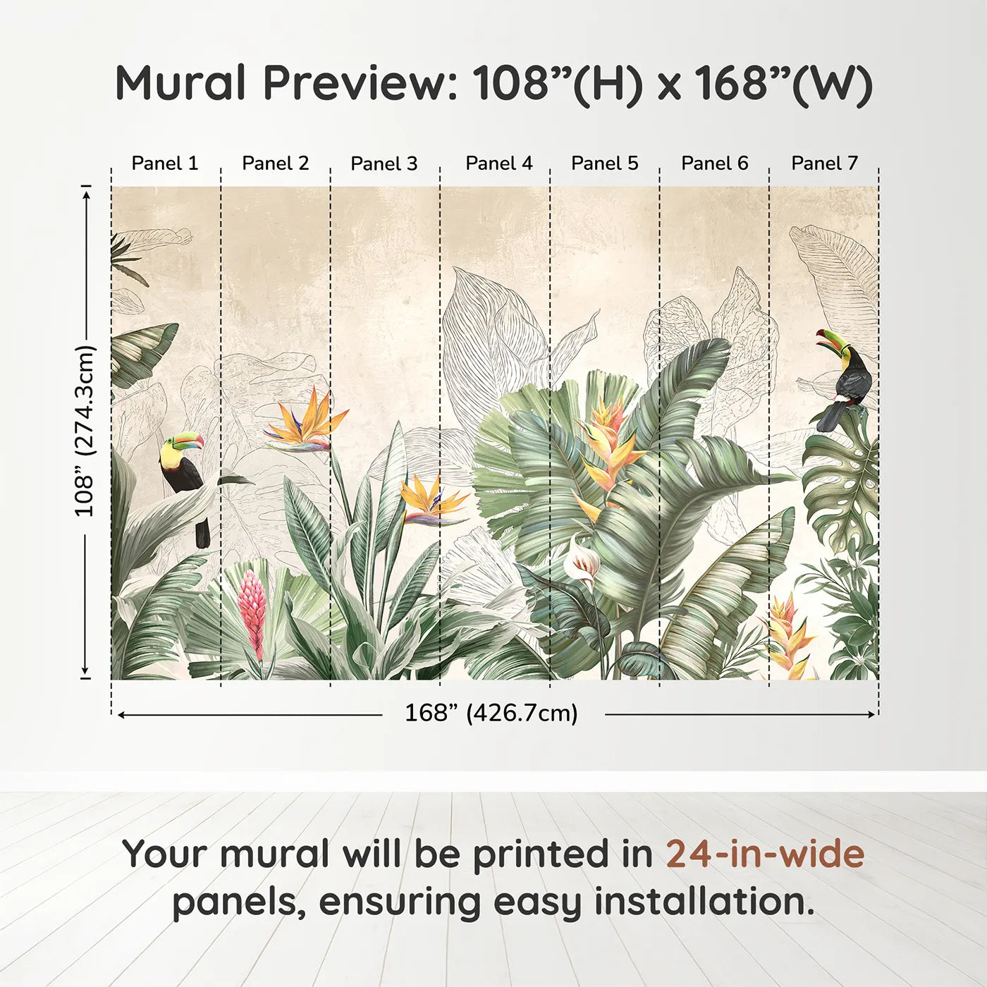 Whimsy Tots Tropical Toucan Garden Wall Muraldimension view (108" H x 168" W). Printed in seven 24-inch-wide panels. Gender-Neutral