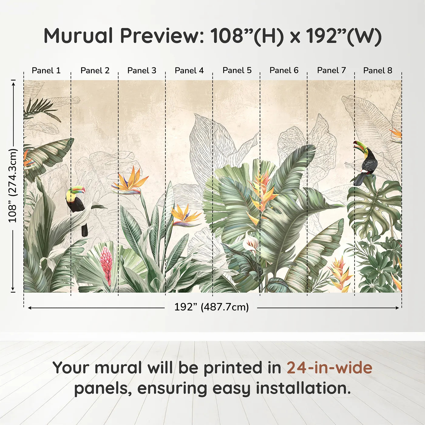 Whimsy Tots Tropical Toucan Garden Wall Muraldimension view (108" H x 192" W). Printed in eight 24-inch-wide panels. Gender-Neutral