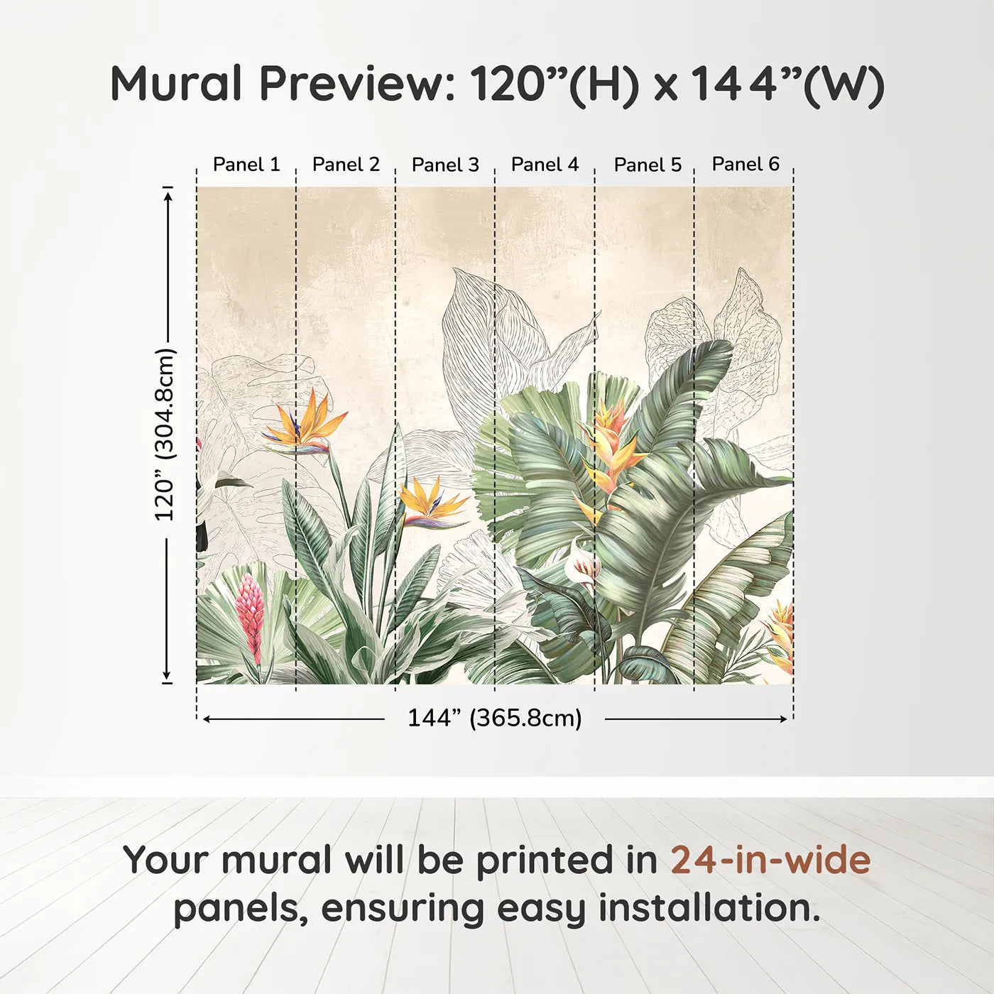 Whimsy Tots Tropical Toucan Garden Wall Muraldimension view (120" H x 144" W). Printed in six 24-inch-wide panels. Gender-Neutral