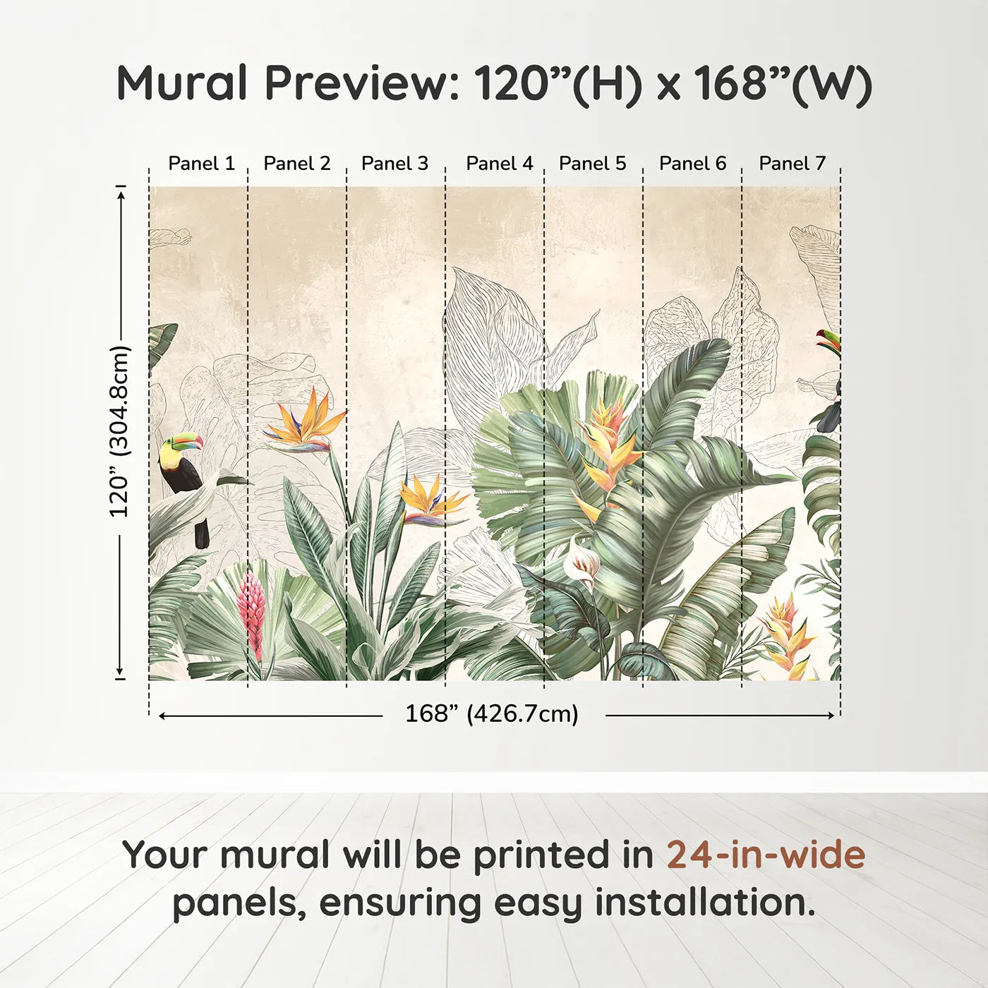 Whimsy Tots Tropical Toucan Garden Wall Muraldimension view (120" H x 168" W). Printed in seven 24-inch-wide panels. Gender-Neutral