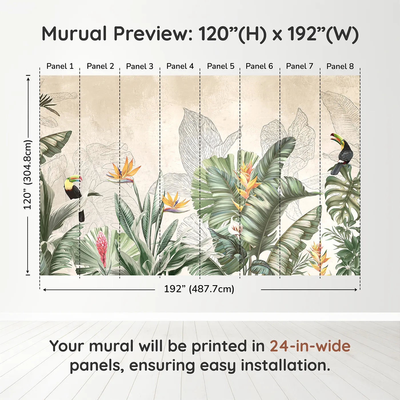 Whimsy Tots Tropical Toucan Garden Wall Muraldimension view (120" H x 192" W). Printed in eight 24-inch-wide panels. Gender-Neutral