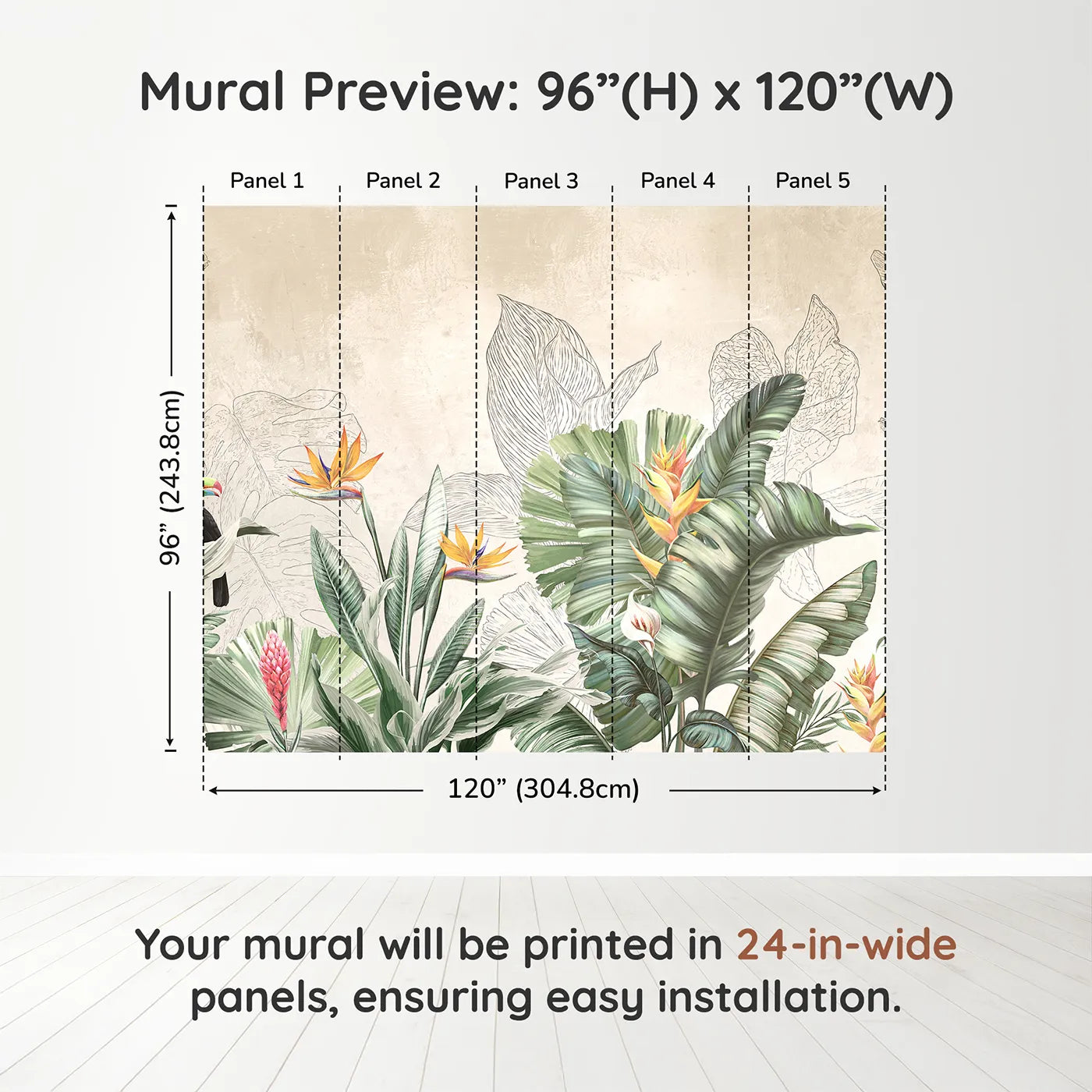 Whimsy Tots Tropical Toucan Garden Wall Muraldimension view (96" H x 120" W). Printed in five 24-inch-wide panels. Gender-Neutral