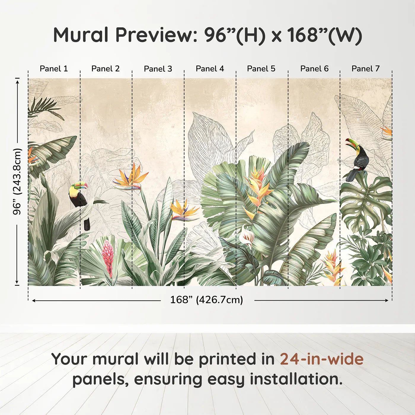Whimsy Tots Tropical Toucan Garden Wall Muraldimension view (96" H x 168" W). Printed in seven 24-inch-wide panels. Gender-Neutral