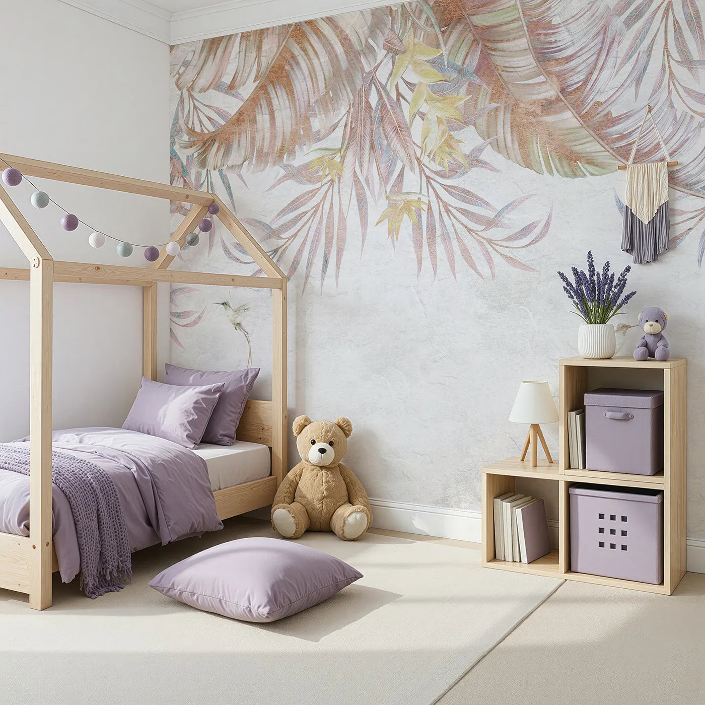 Angled view of Whimsy Tots' Pastel Tropical Canopy Wall Mural (Turn Their Room into a Dreamy, Ethereal Hideaway).Gender-Neutral