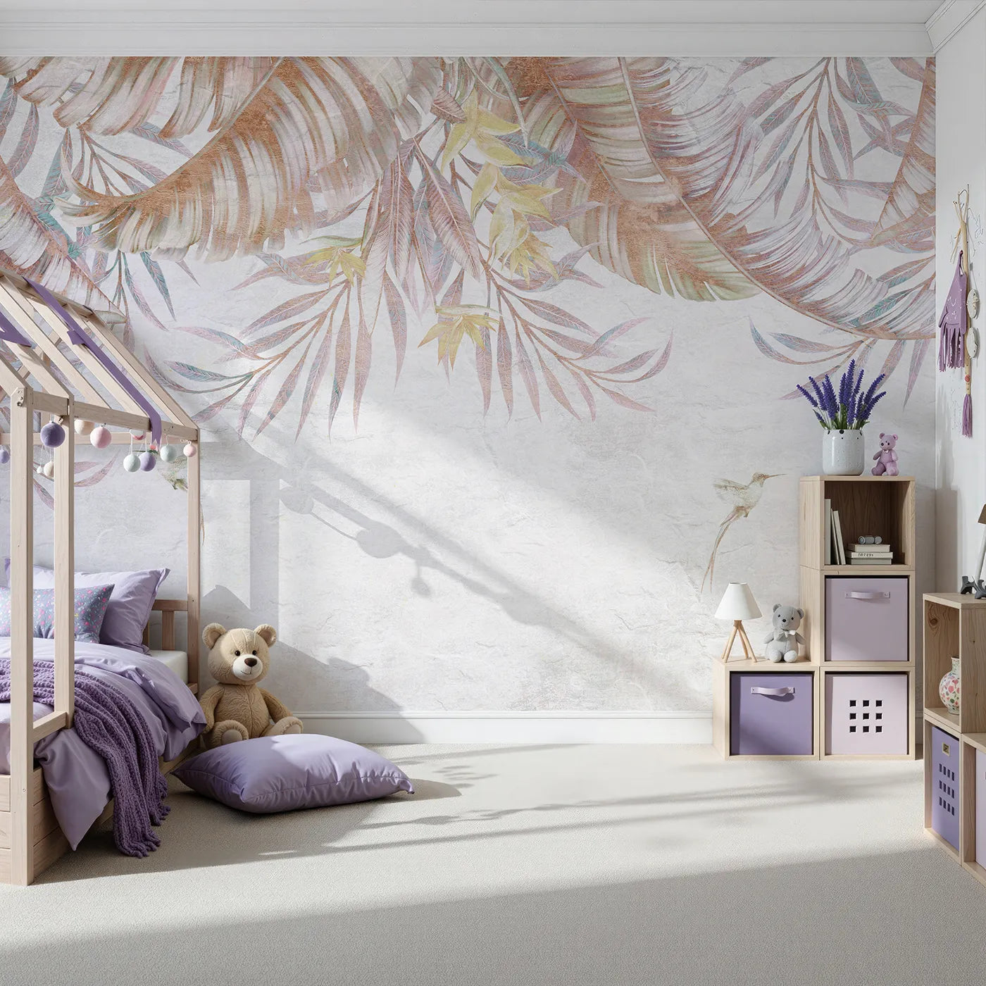 Front view of Whimsy Tots' Pastel Tropical Canopy Wall Mural