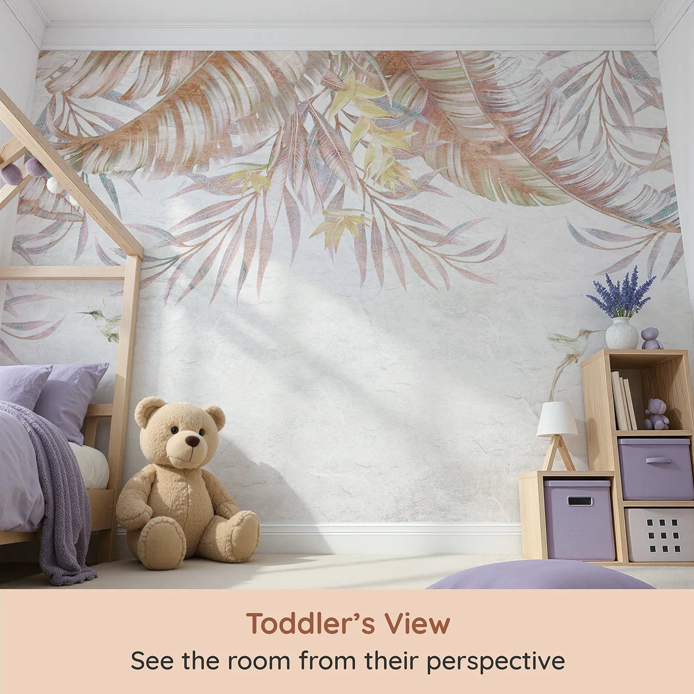 Whimsy Tots Pastel Tropical Canopy Wall Mural (Turn Their Room into a Dreamy, Ethereal Hideaway) from your child's view.Gender-Neutral