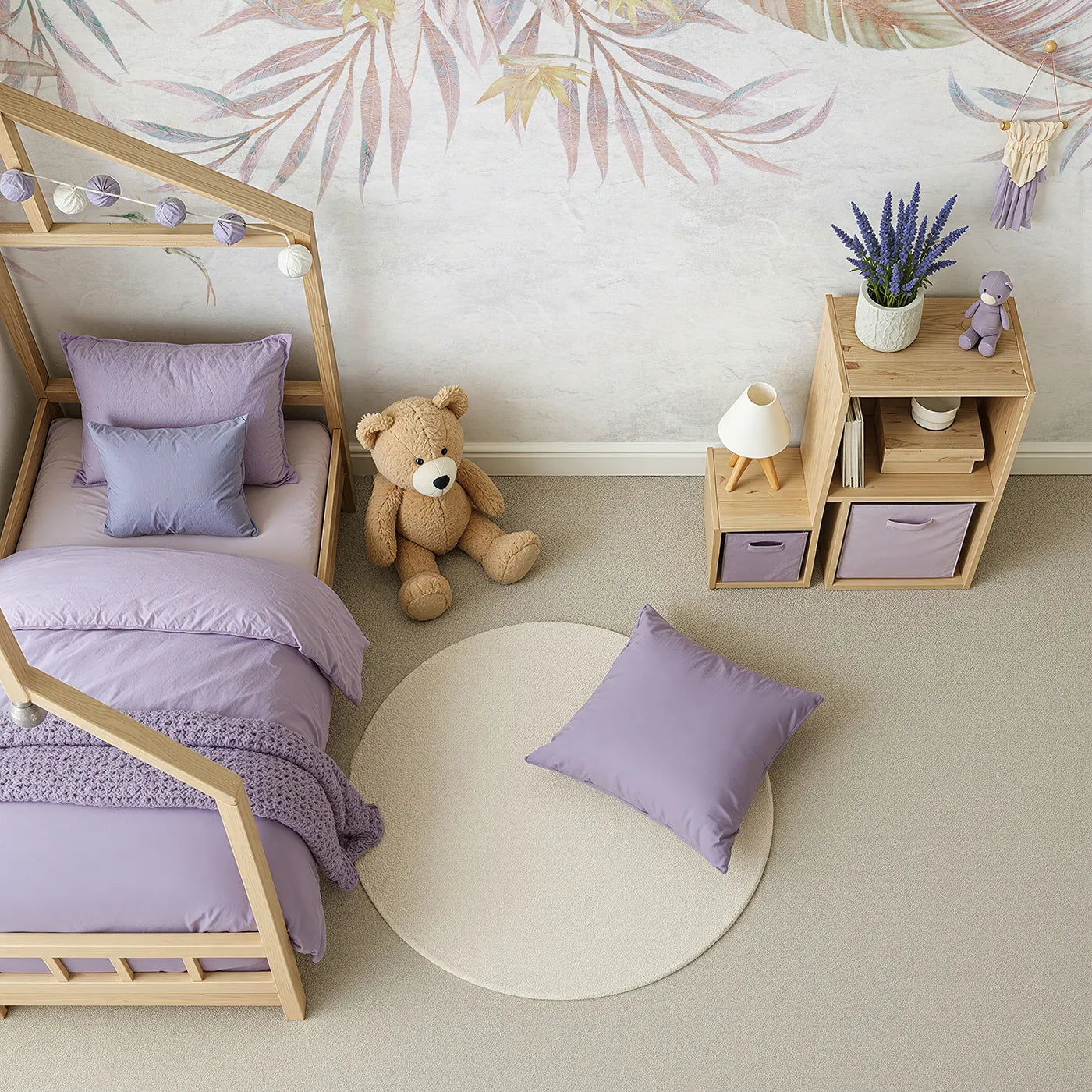 Top-down view of Whimsy Tots' Pastel Tropical Canopy Wall Mural (Turn Their Room into a Dreamy, Ethereal Hideaway).Gender-Neutral