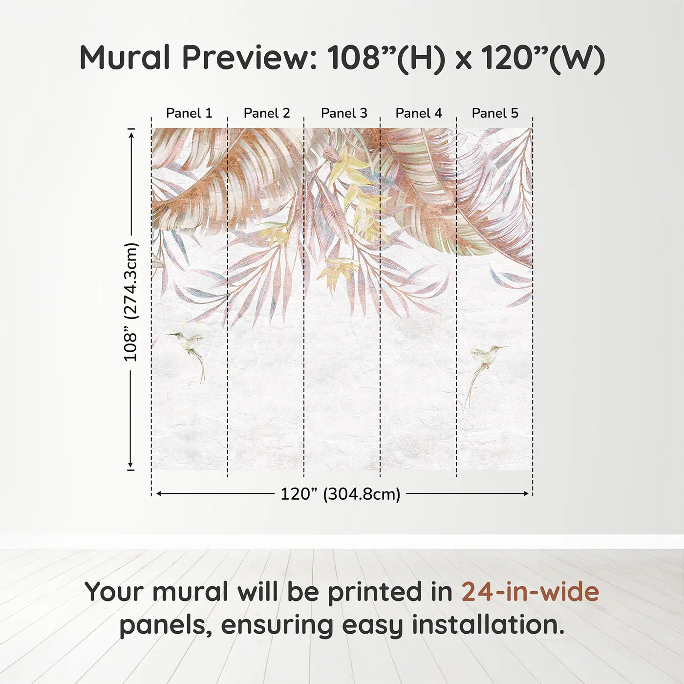 Whimsy Tots Pastel Tropical Canopy Wall Muraldimension view (108" H x 120" W). Printed in five 24-inch-wide panels. Gender-Neutral