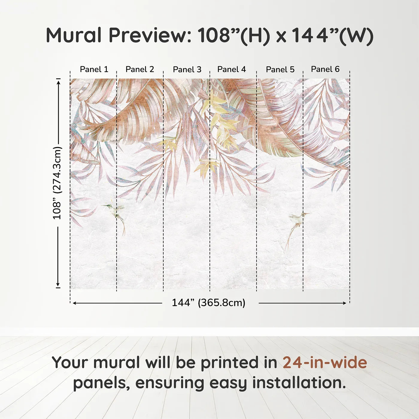 Whimsy Tots Pastel Tropical Canopy Wall Muraldimension view (108" H x 144" W). Printed in six 24-inch-wide panels. Gender-Neutral