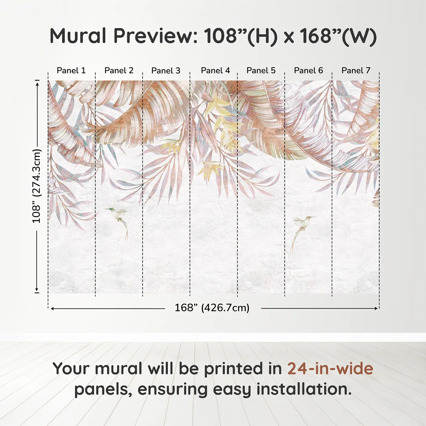 Whimsy Tots Pastel Tropical Canopy Wall Muraldimension view (108" H x 168" W). Printed in seven 24-inch-wide panels. Gender-Neutral