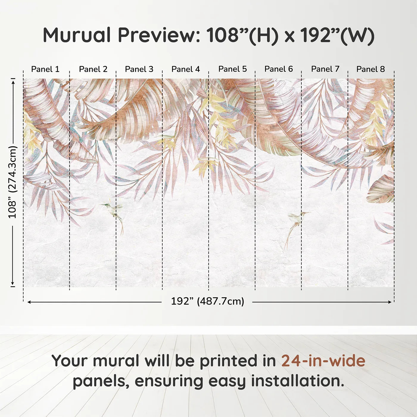Whimsy Tots Pastel Tropical Canopy Wall Muraldimension view (108" H x 192" W). Printed in eight 24-inch-wide panels. Gender-Neutral