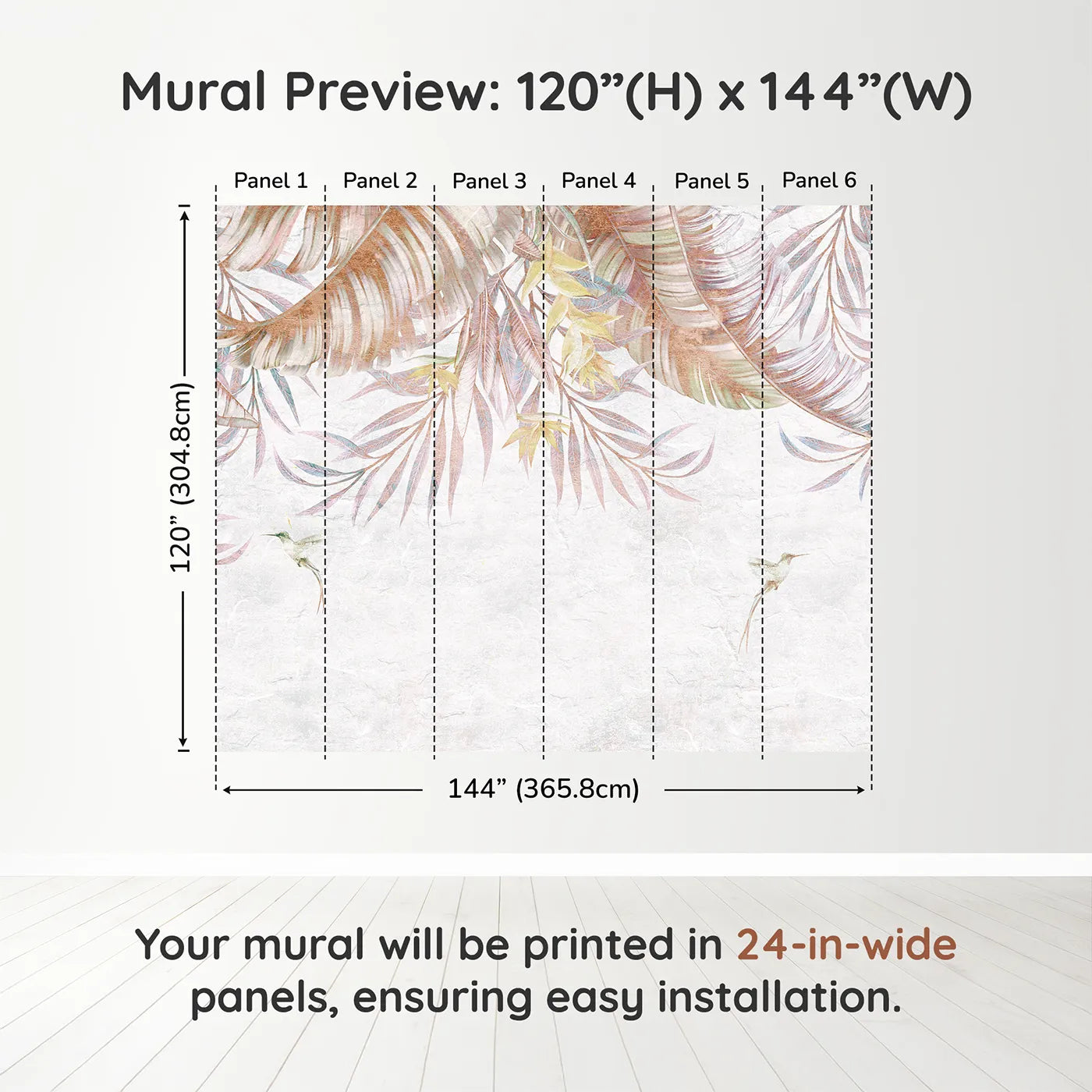 Whimsy Tots Pastel Tropical Canopy Wall Muraldimension view (120" H x 144" W). Printed in six 24-inch-wide panels. Gender-Neutral
