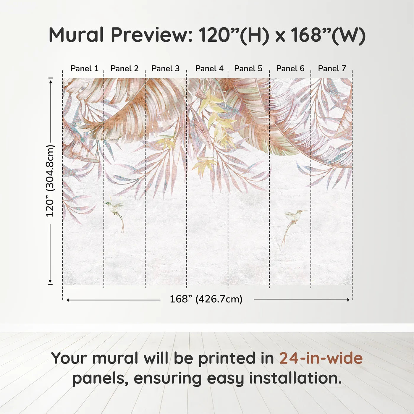 Whimsy Tots Pastel Tropical Canopy Wall Muraldimension view (120" H x 168" W). Printed in seven 24-inch-wide panels. Gender-Neutral