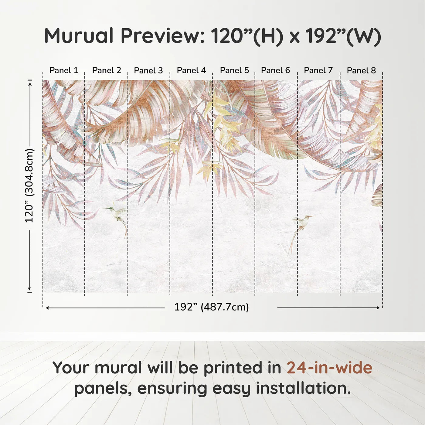 Whimsy Tots Pastel Tropical Canopy Wall Muraldimension view (120" H x 192" W). Printed in eight 24-inch-wide panels. Gender-Neutral