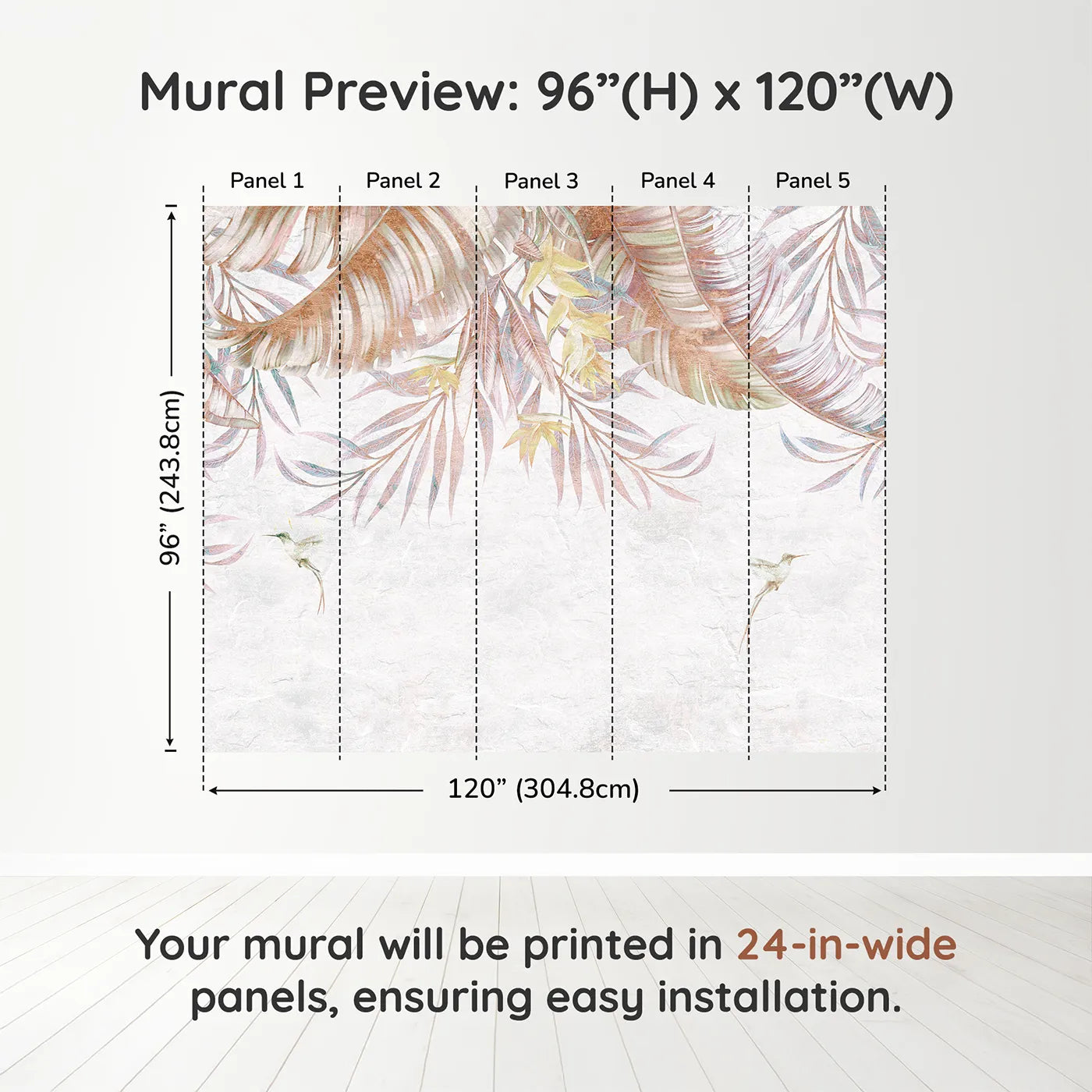 Whimsy Tots Pastel Tropical Canopy Wall Muraldimension view (96" H x 120" W). Printed in five 24-inch-wide panels. Gender-Neutral