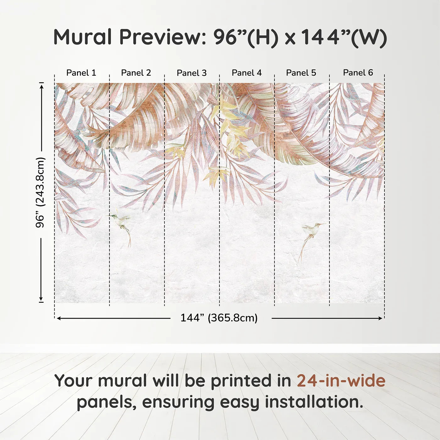 Whimsy Tots Pastel Tropical Canopy Wall Muraldimension view (96" H x 144" W). Printed in six 24-inch-wide panels. Gender-Neutral