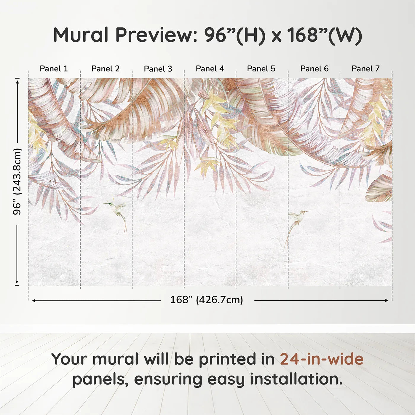 Whimsy Tots Pastel Tropical Canopy Wall Muraldimension view (96" H x 168" W). Printed in seven 24-inch-wide panels. Gender-Neutral