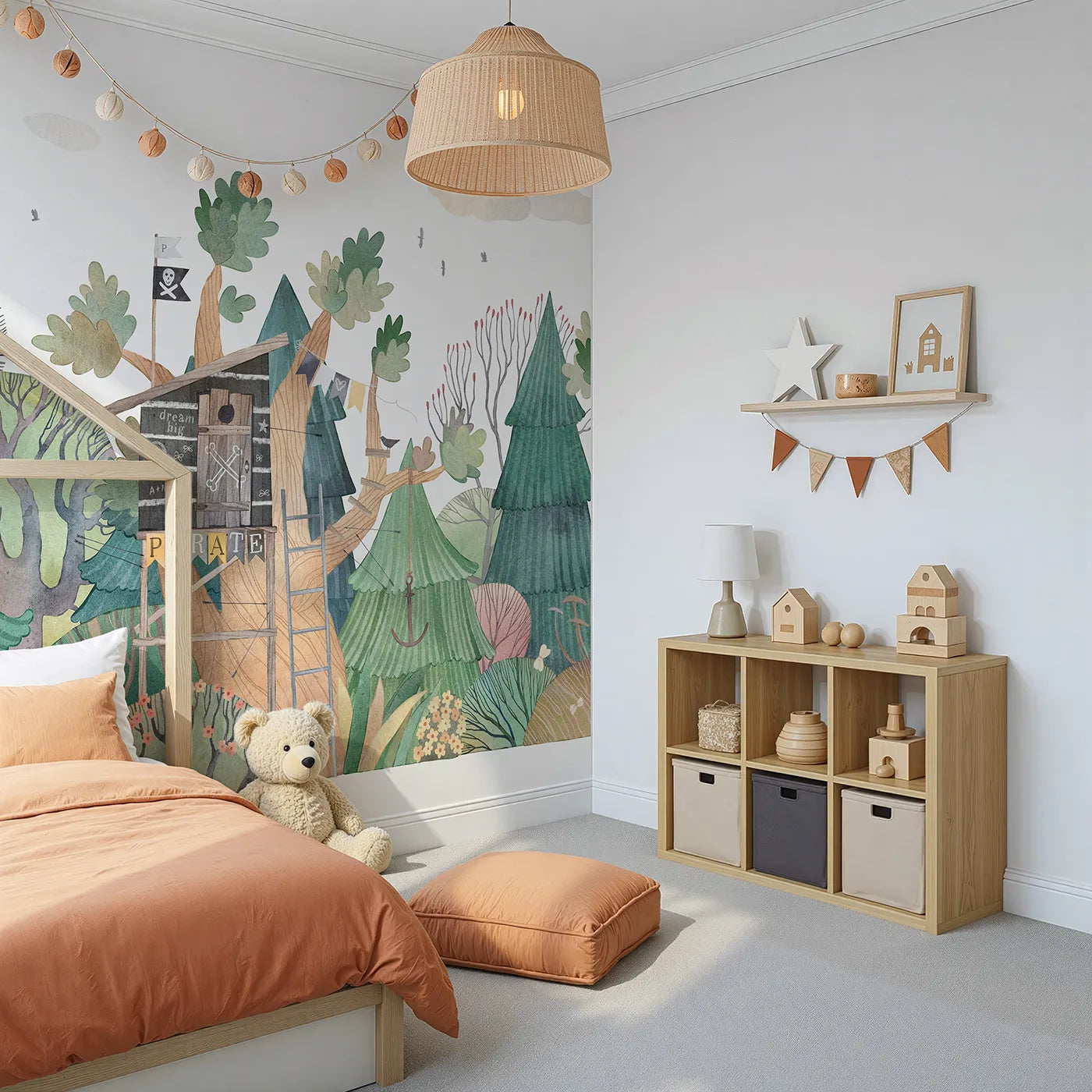 Angled view of Whimsy Tots' Pirate Treehouse Wall Mural (Turn Their Room into a Secret, Swashbuckling Hideout).Gender-Neutral