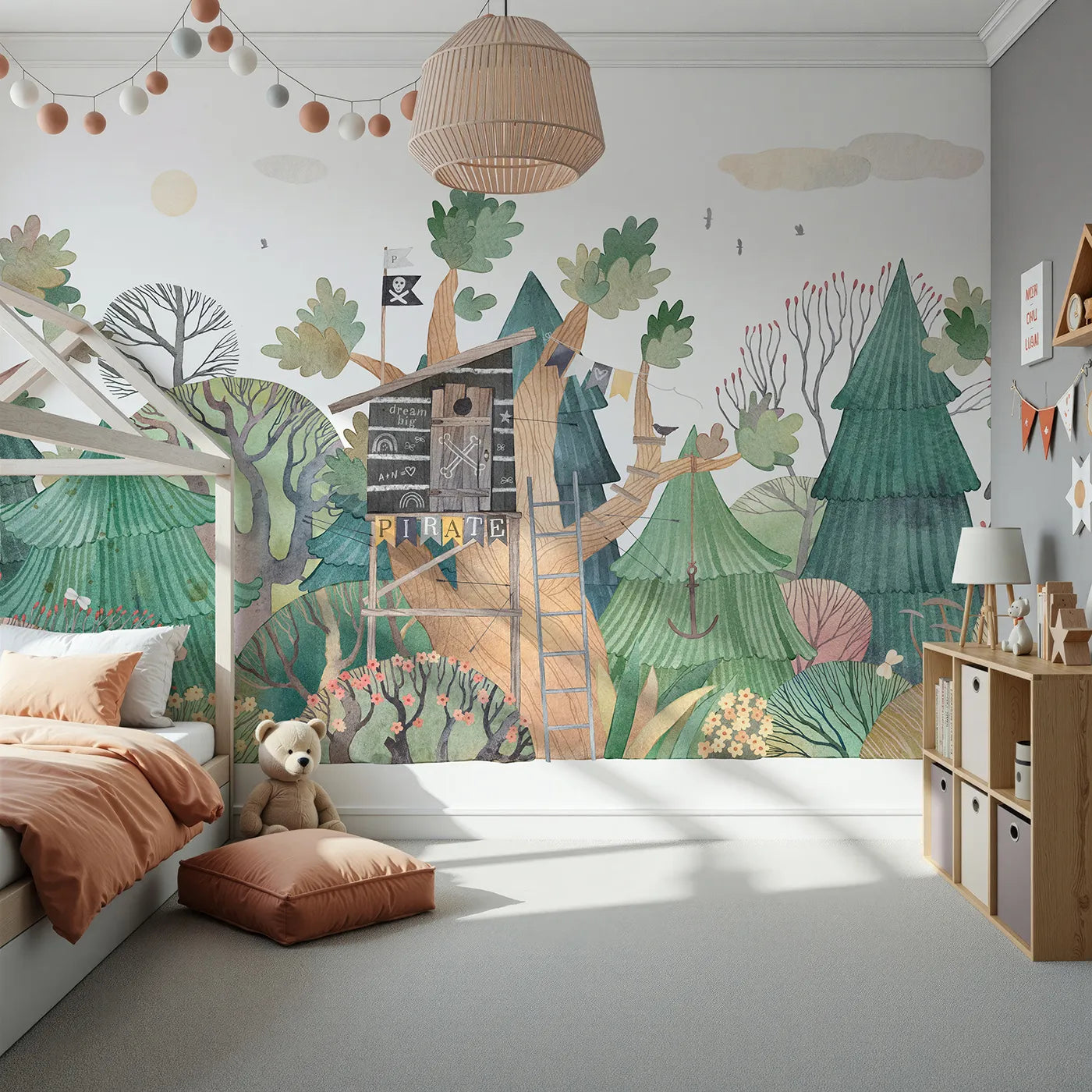 Front view of Whimsy Tots' Pirate Treehouse Wall Mural