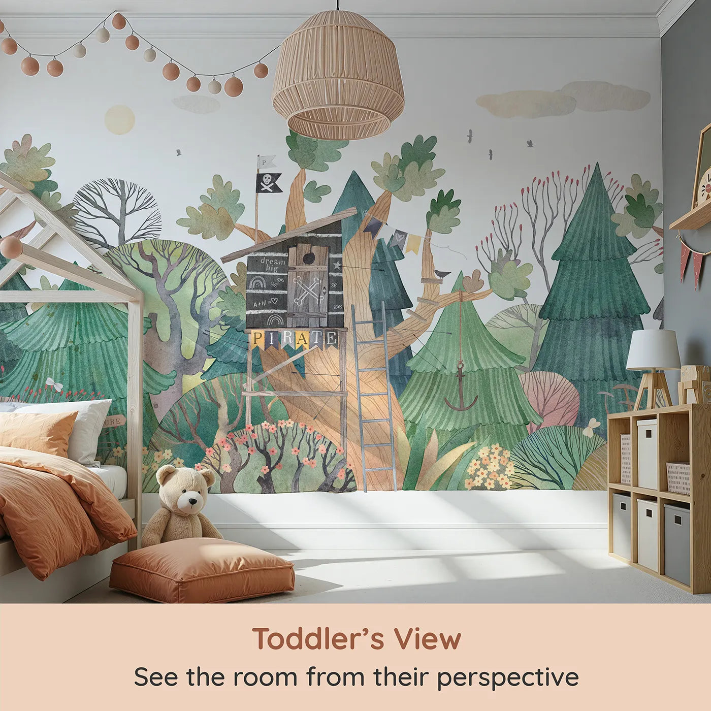 Whimsy Tots Pirate Treehouse Wall Mural (Turn Their Room into a Secret, Swashbuckling Hideout) from your child's view.Gender-Neutral