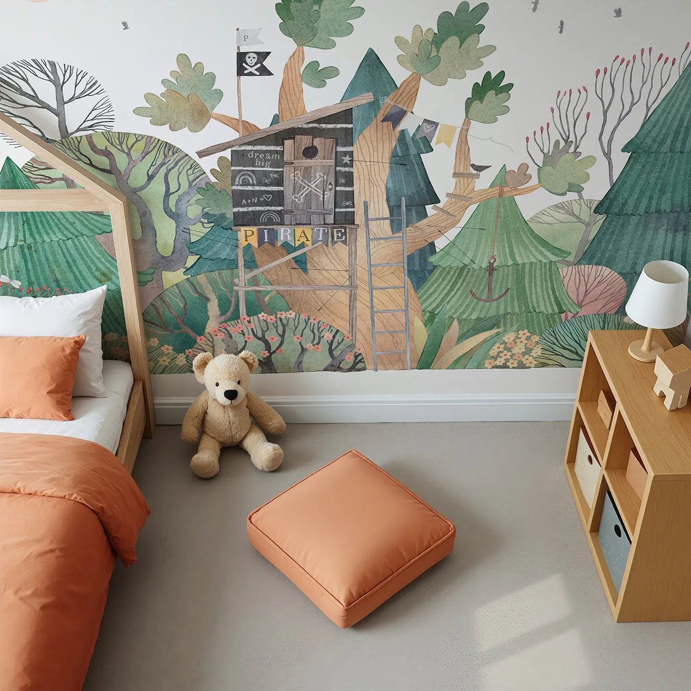 Top-down view of Whimsy Tots' Pirate Treehouse Wall Mural (Turn Their Room into a Secret, Swashbuckling Hideout).Gender-Neutral