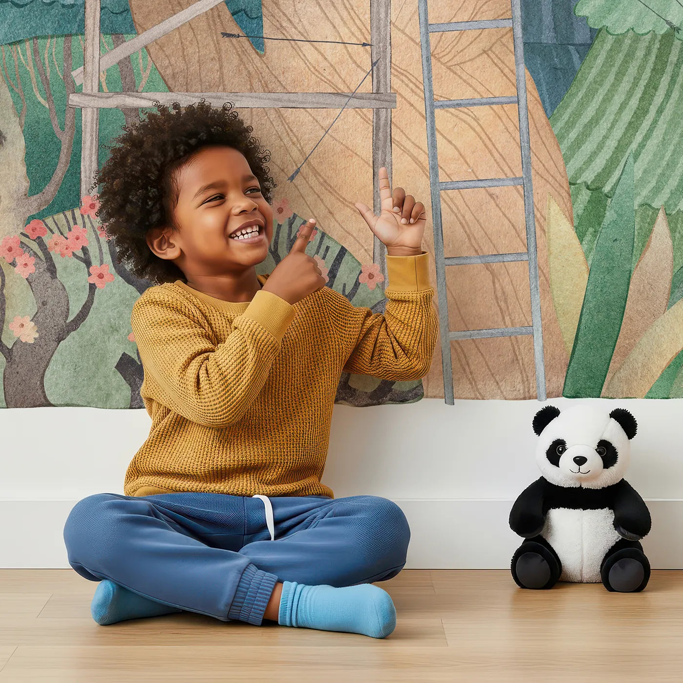 Child in front of Whimsy Tots Pirate Treehouse Wall Mural with treehouse, pirate, forest, adventure, watercolor, cute, whimsical, secret in design.