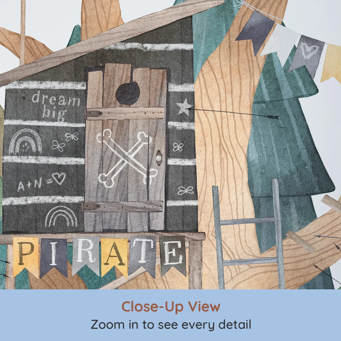 Close-up view of Whimsy Tots' Pirate Treehouse Wall Mural (Turn Their Room into a Secret, Swashbuckling Hideout).Gender-Neutral