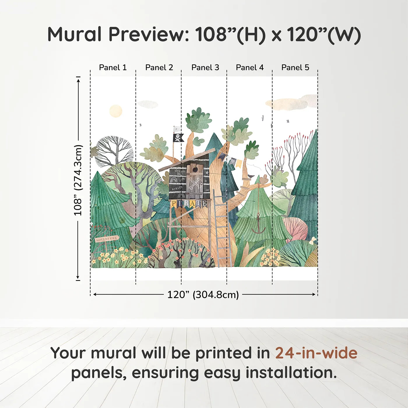 Whimsy Tots Pirate Treehouse Wall Muraldimension view (108" H x 120" W). Printed in five 24-inch-wide panels. Gender-Neutral