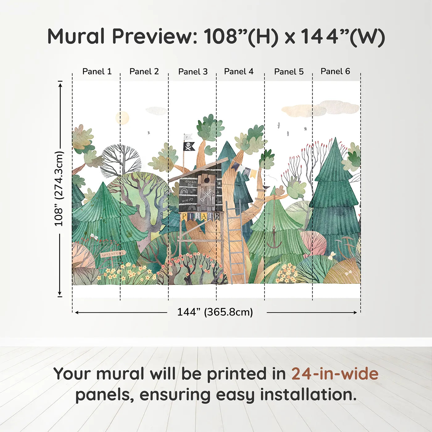 Whimsy Tots Pirate Treehouse Wall Muraldimension view (108" H x 144" W). Printed in six 24-inch-wide panels. Gender-Neutral