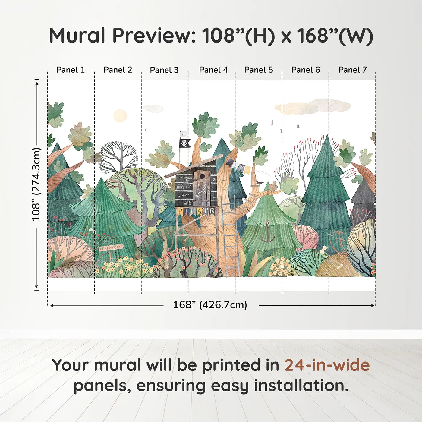 Whimsy Tots Pirate Treehouse Wall Muraldimension view (108" H x 168" W). Printed in seven 24-inch-wide panels. Gender-Neutral
