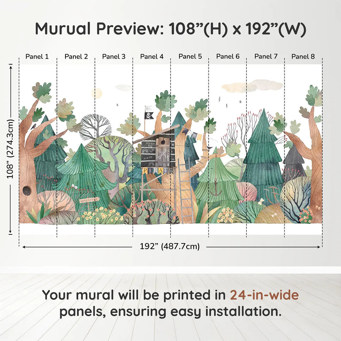Whimsy Tots Pirate Treehouse Wall Muraldimension view (108" H x 192" W). Printed in eight 24-inch-wide panels. Gender-Neutral