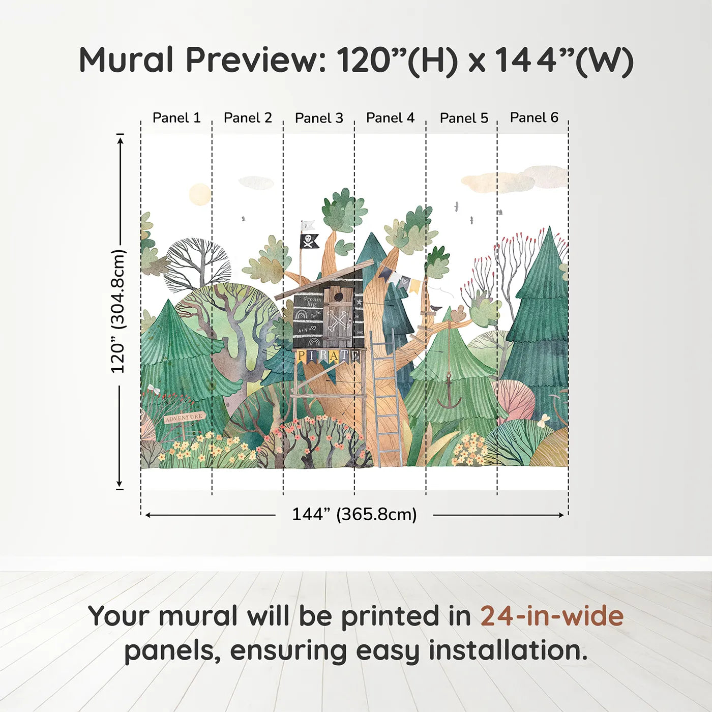 Whimsy Tots Pirate Treehouse Wall Muraldimension view (120" H x 144" W). Printed in six 24-inch-wide panels. Gender-Neutral