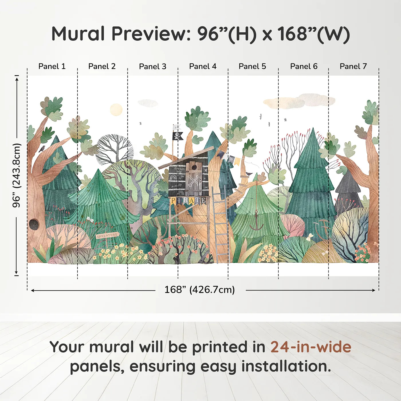 Whimsy Tots Pirate Treehouse Wall Muraldimension view (96" H x 168" W). Printed in seven 24-inch-wide panels. Gender-Neutral