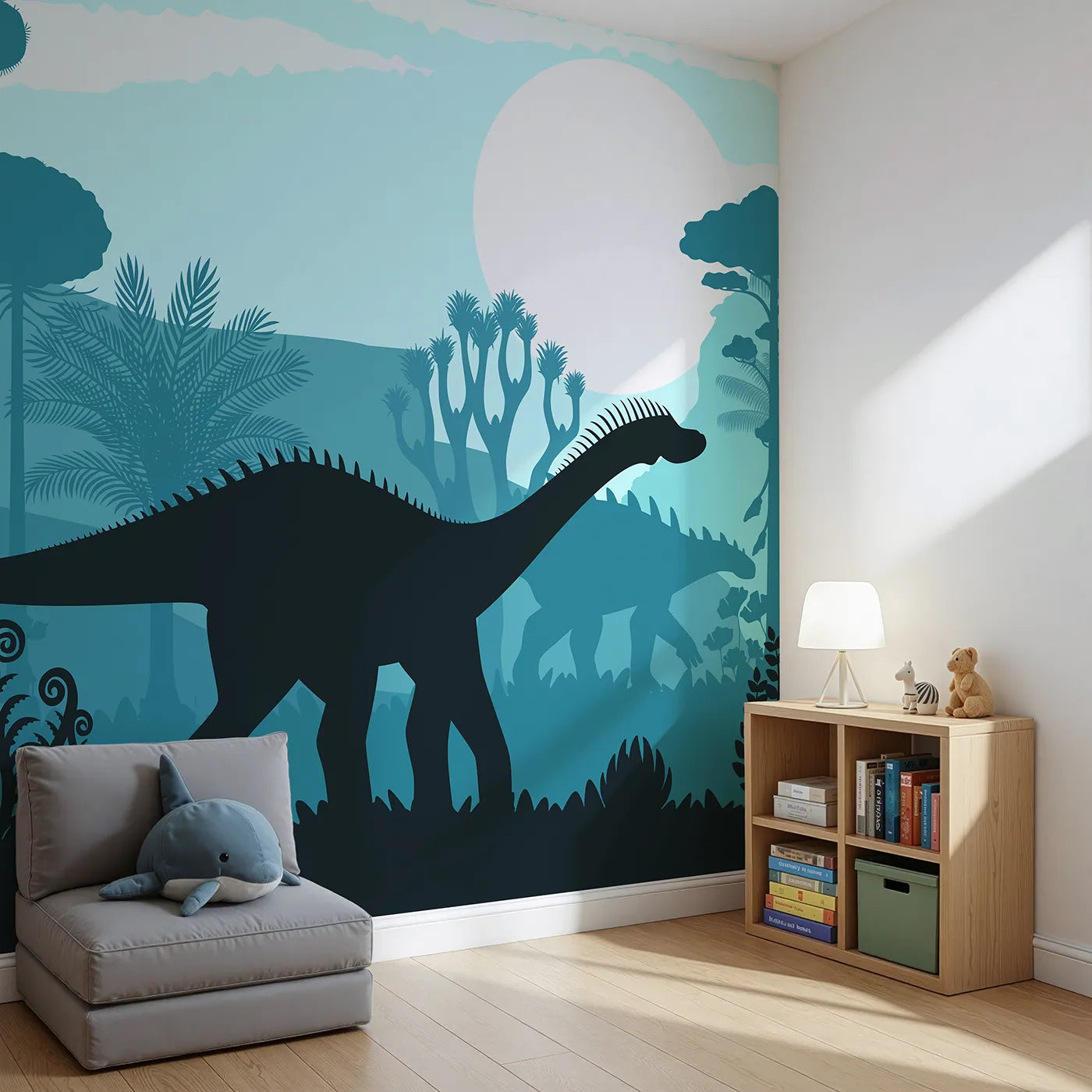 Angled view of Whimsy Tots' Dinosaur Silhouette Wall Mural in Blue (Turn Their Room into a Moody, Prehistoric Landscape).Gender-Neutral