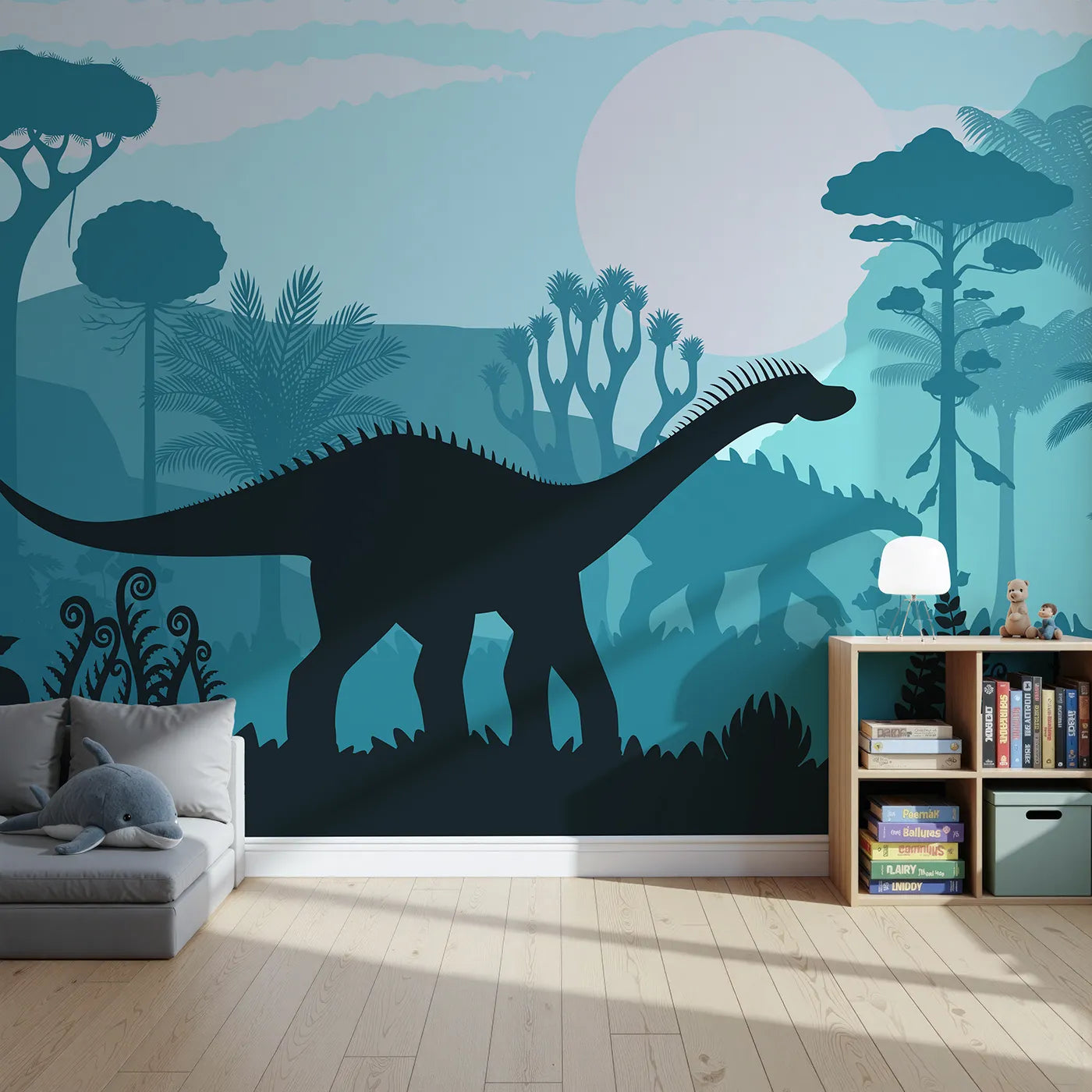 Front view of Whimsy Tots' Dinosaur Silhouette Wall Mural in Blue
