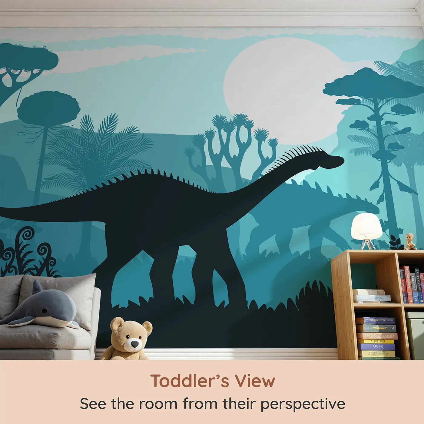 Whimsy Tots Dinosaur Silhouette Wall Mural in Blue (Turn Their Room into a Moody, Prehistoric Landscape) from your child's view.Gender-Neutral