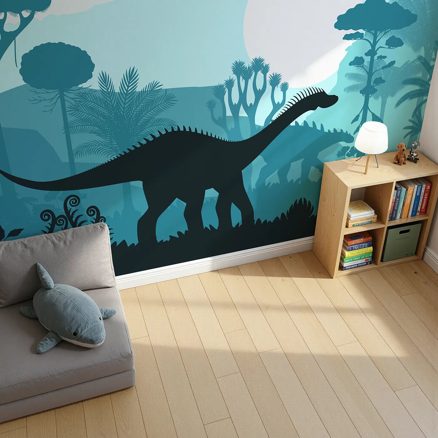 Top-down view of Whimsy Tots' Dinosaur Silhouette Wall Mural in Blue (Turn Their Room into a Moody, Prehistoric Landscape).Gender-Neutral