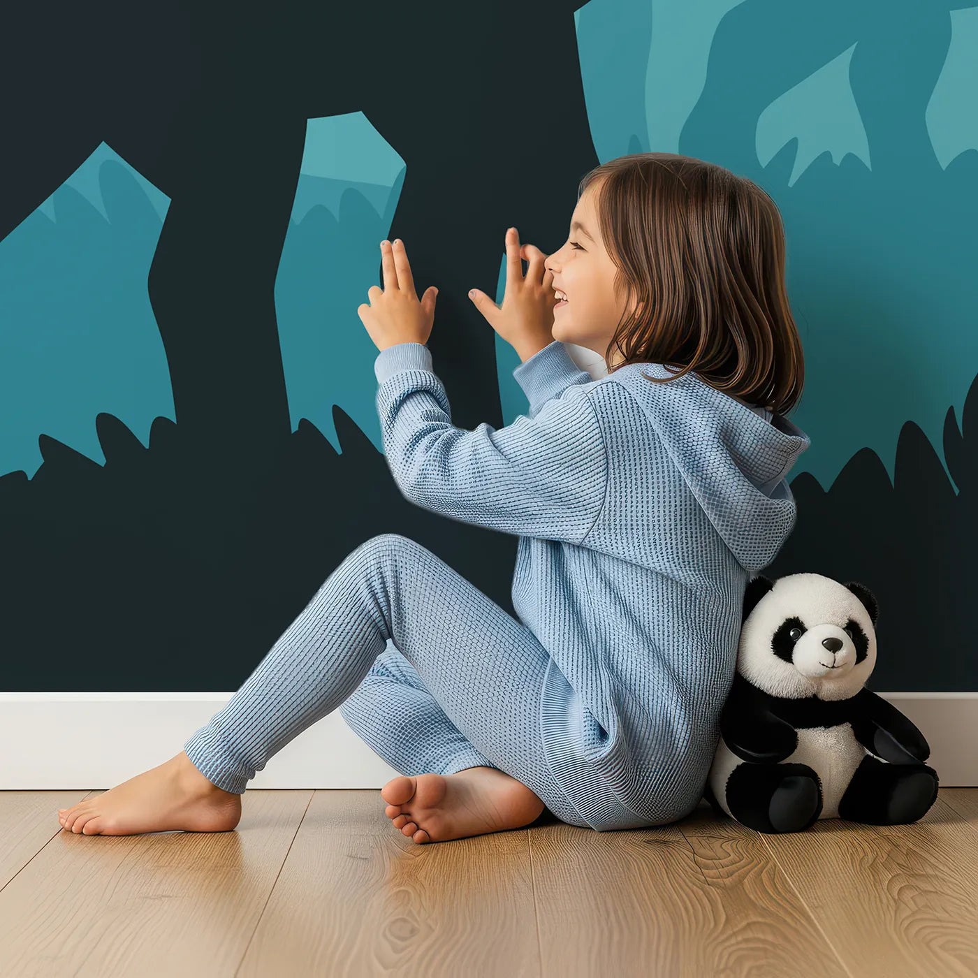 Child in front of Whimsy Tots Dinosaur Silhouette Wall Mural in Blue with dinosaur, silhouette, jungle, prehistoric, blue, moon, nature, landscape in design.