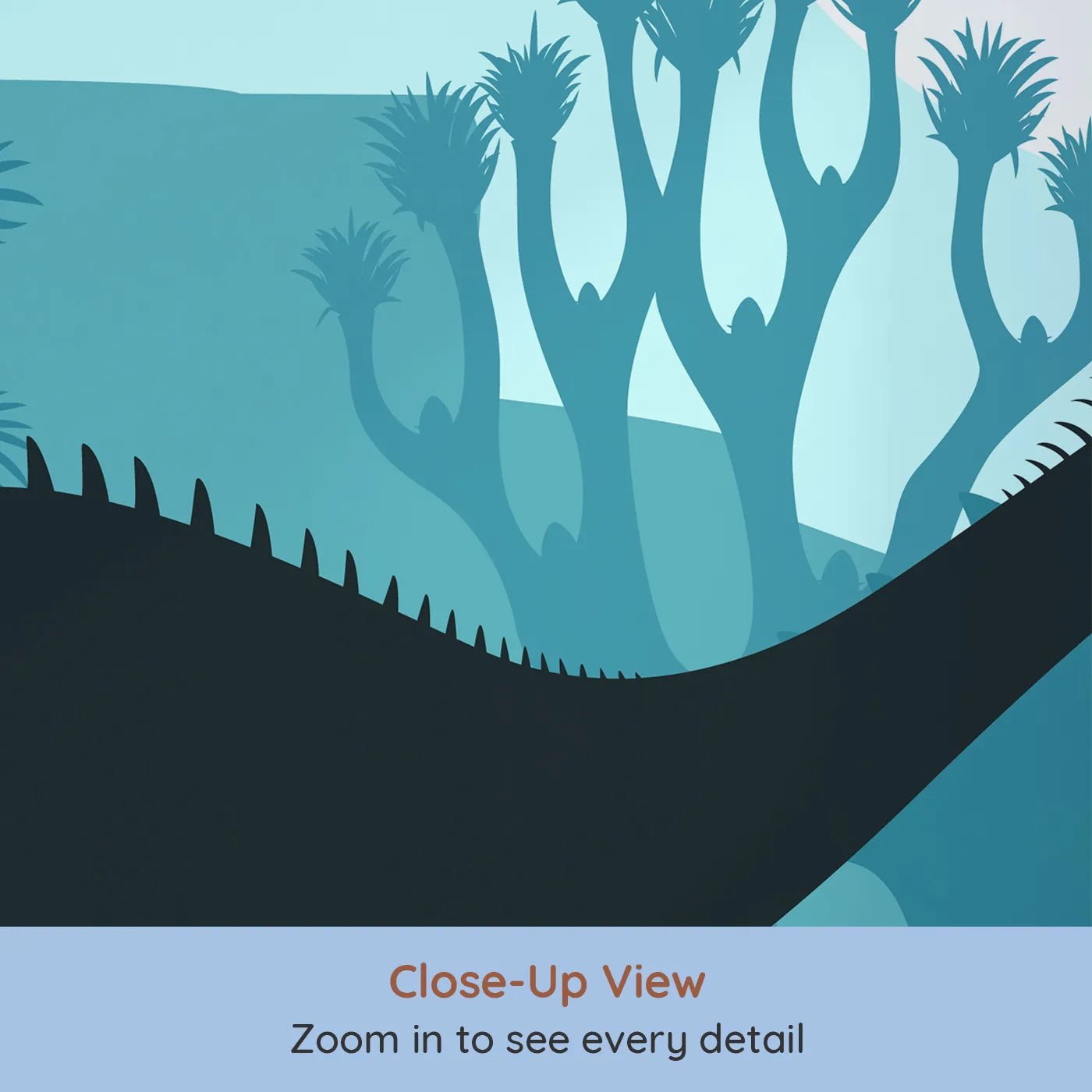 Close-up view of Whimsy Tots' Dinosaur Silhouette Wall Mural in Blue (Turn Their Room into a Moody, Prehistoric Landscape).Gender-Neutral