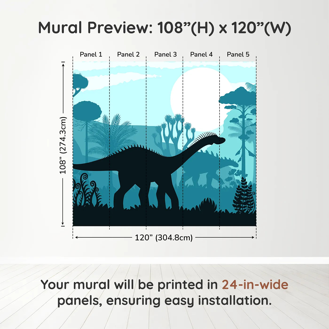 Whimsy Tots Dinosaur Silhouette Wall Mural in Bluedimension view (108" H x 120" W). Printed in five 24-inch-wide panels. Gender-Neutral