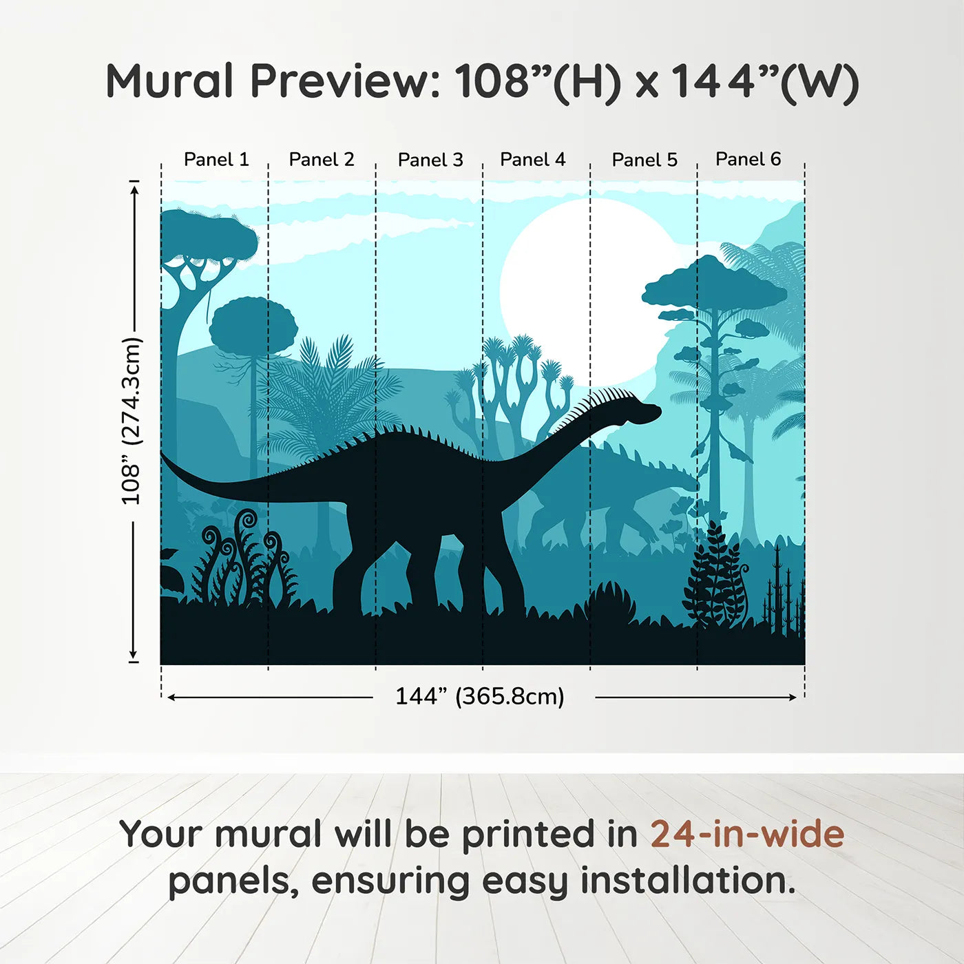 Whimsy Tots Dinosaur Silhouette Wall Mural in Bluedimension view (108" H x 144" W). Printed in six 24-inch-wide panels. Gender-Neutral