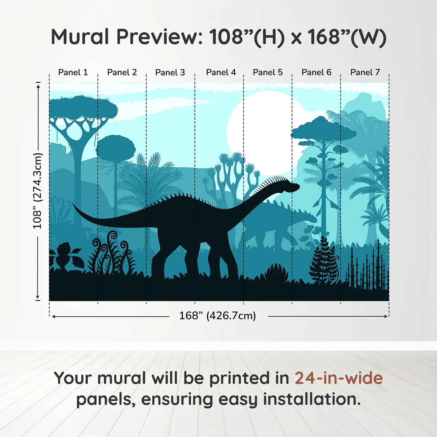 Whimsy Tots Dinosaur Silhouette Wall Mural in Bluedimension view (108" H x 168" W). Printed in seven 24-inch-wide panels. Gender-Neutral
