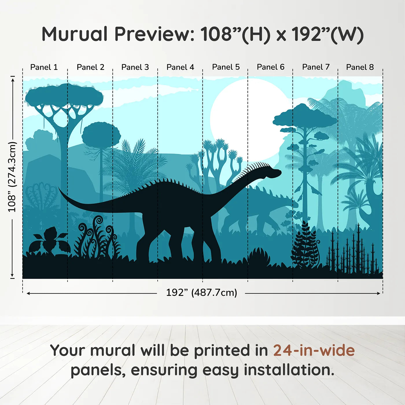 Whimsy Tots Dinosaur Silhouette Wall Mural in Bluedimension view (108" H x 192" W). Printed in eight 24-inch-wide panels. Gender-Neutral