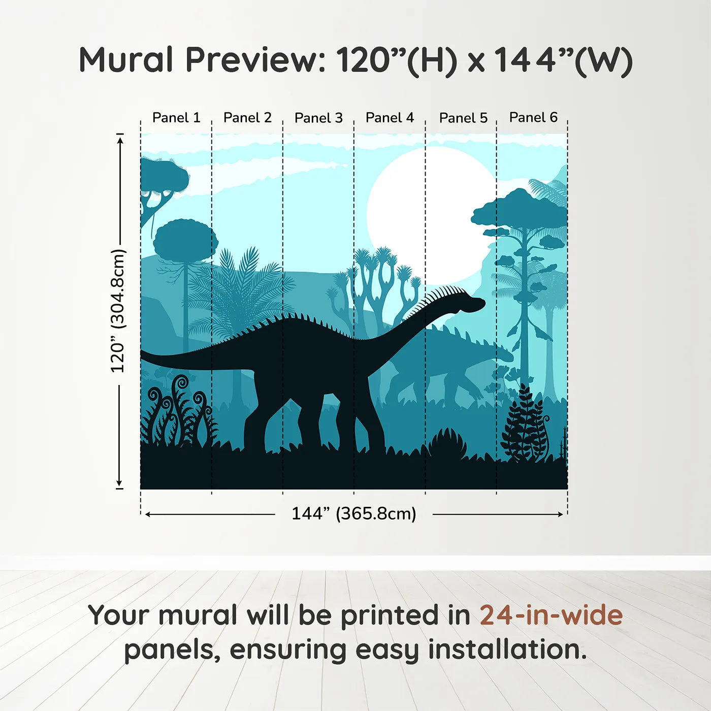Whimsy Tots Dinosaur Silhouette Wall Mural in Bluedimension view (120" H x 144" W). Printed in six 24-inch-wide panels. Gender-Neutral
