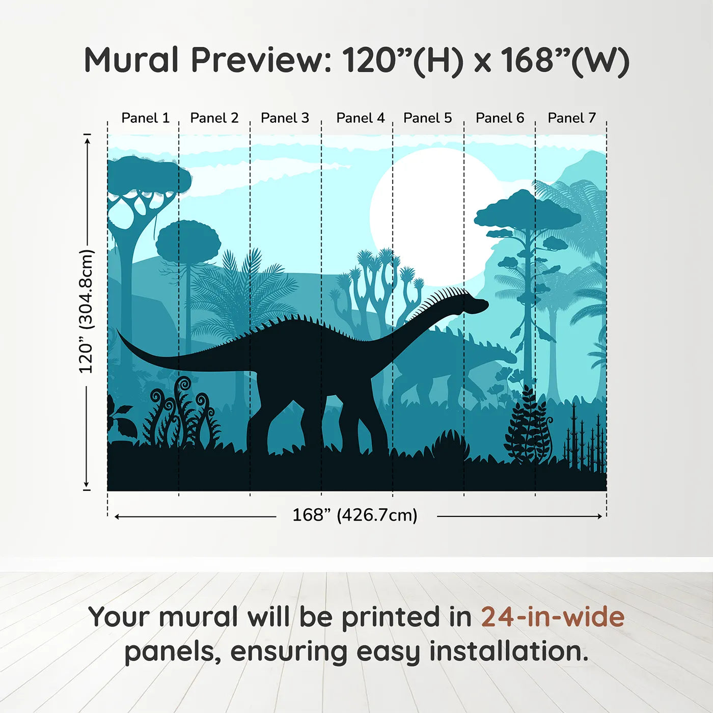Whimsy Tots Dinosaur Silhouette Wall Mural in Bluedimension view (120" H x 168" W). Printed in seven 24-inch-wide panels. Gender-Neutral