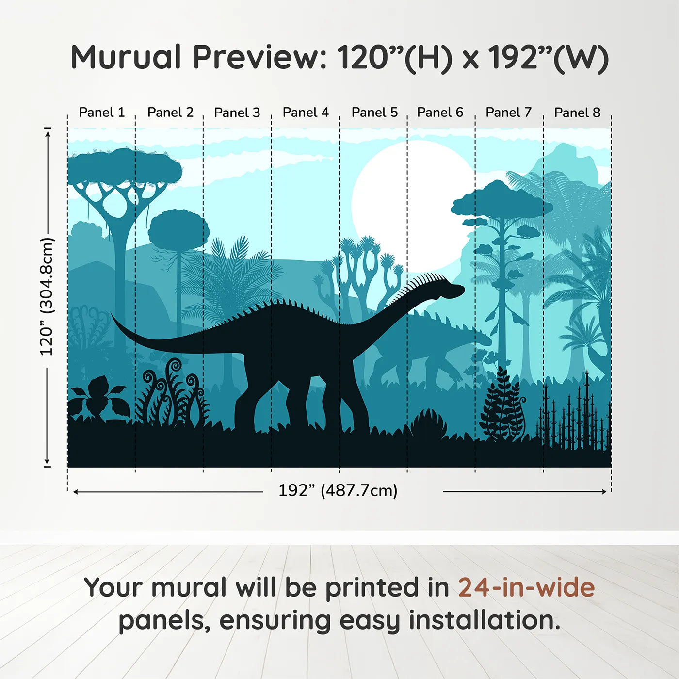 Whimsy Tots Dinosaur Silhouette Wall Mural in Bluedimension view (120" H x 192" W). Printed in eight 24-inch-wide panels. Gender-Neutral