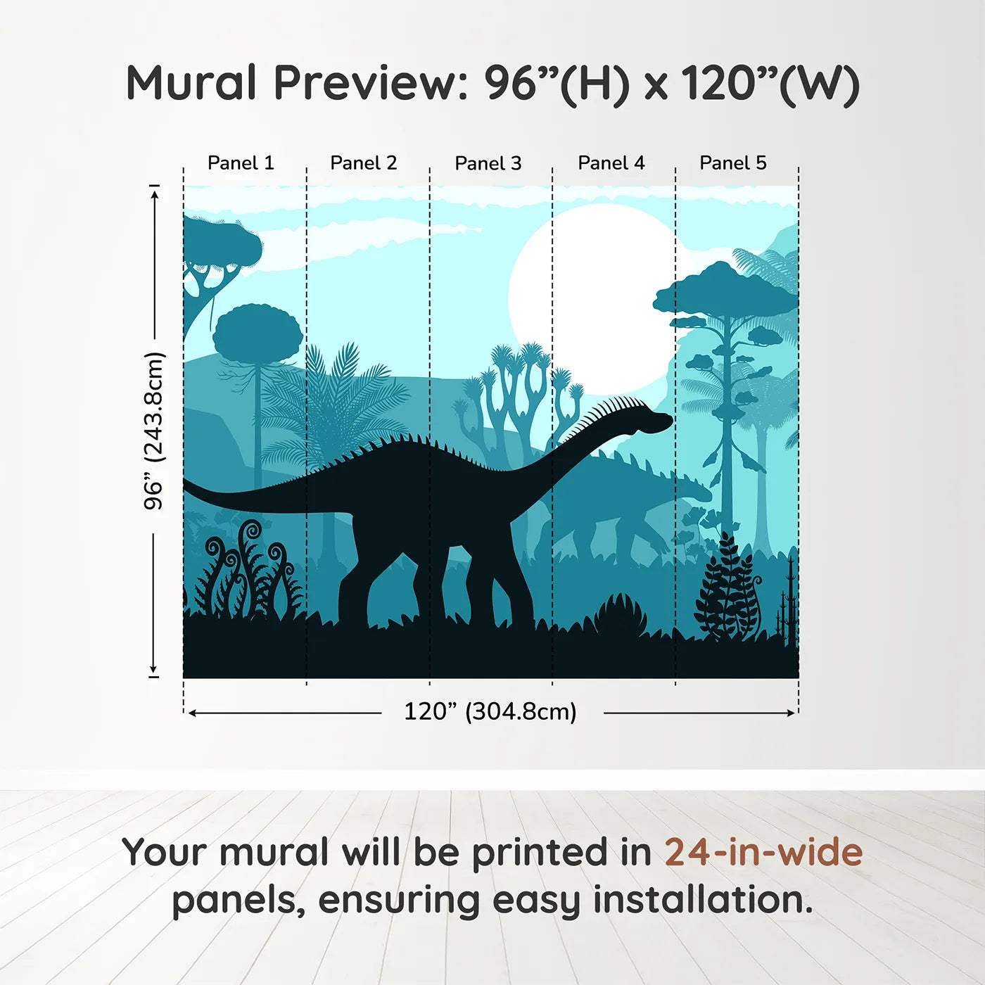 Whimsy Tots Dinosaur Silhouette Wall Mural in Bluedimension view (96" H x 120" W). Printed in five 24-inch-wide panels. Gender-Neutral