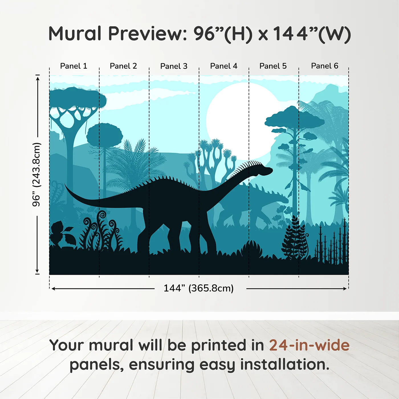 Whimsy Tots Dinosaur Silhouette Wall Mural in Bluedimension view (96" H x 144" W). Printed in six 24-inch-wide panels. Gender-Neutral